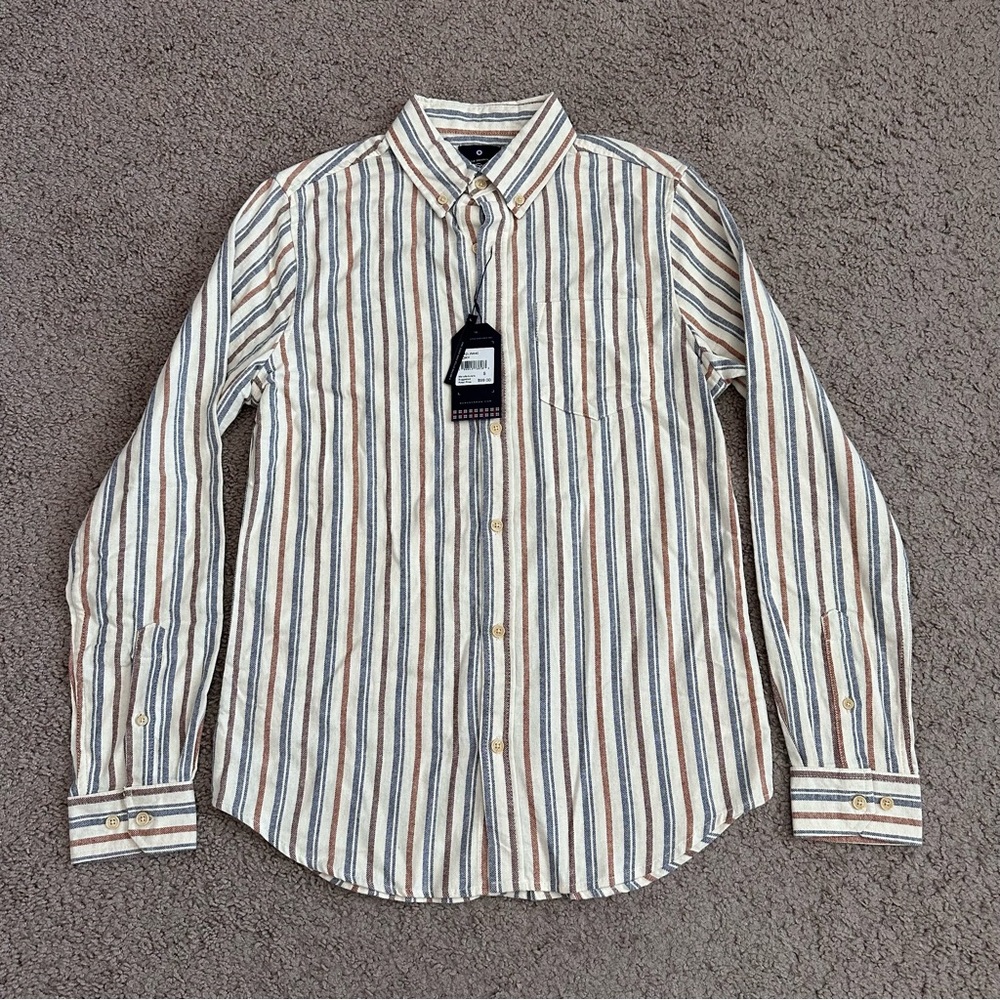 Ben Sherman The Original Stripe Long Sleeve Button Down Shirt Ivory Mens S